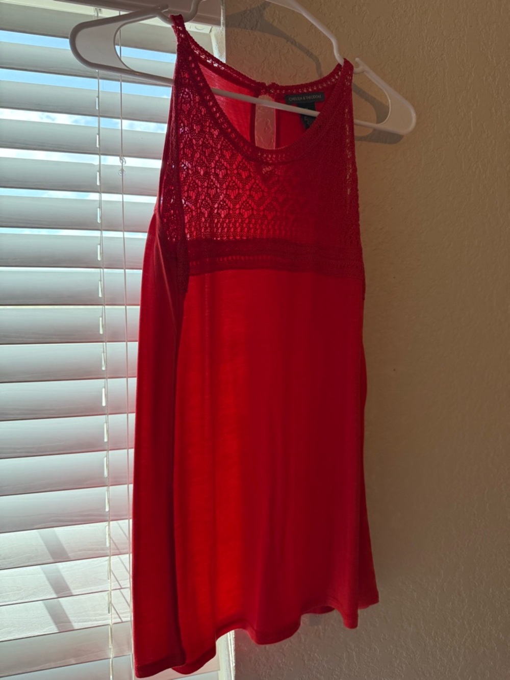 Chelsea & Theodore Red Crochet Yoke Sleeveless Top